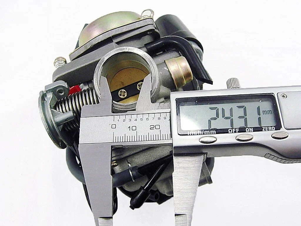 Carburetor for GY6 125cc and 150cc engines from ChinesePartsUSA, showing a close-up of the engine component.