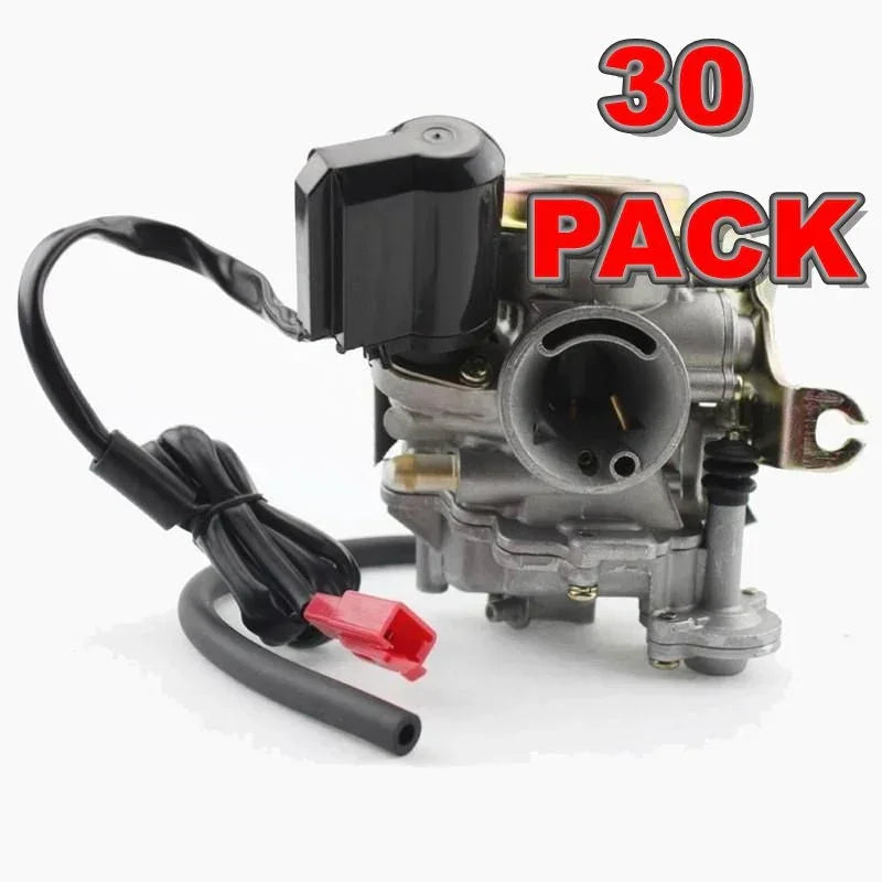 30-pack of ChinesePartsUSA carburetors for 4-stroke GY6 49cc and 50cc scooters and mopeds, compatible with Taotao and Kymco models.