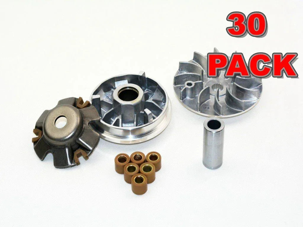 ChinesePartsUSA 30-piece variator kit with roller weights for GY6 125cc and 150cc scooters, includes essential parts for transmission.