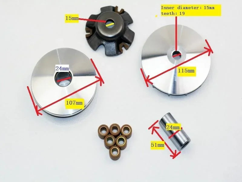 Variator kit with roller weights for GY6 125cc 150cc scooters, compatible with ChinesePartsUSA parts.