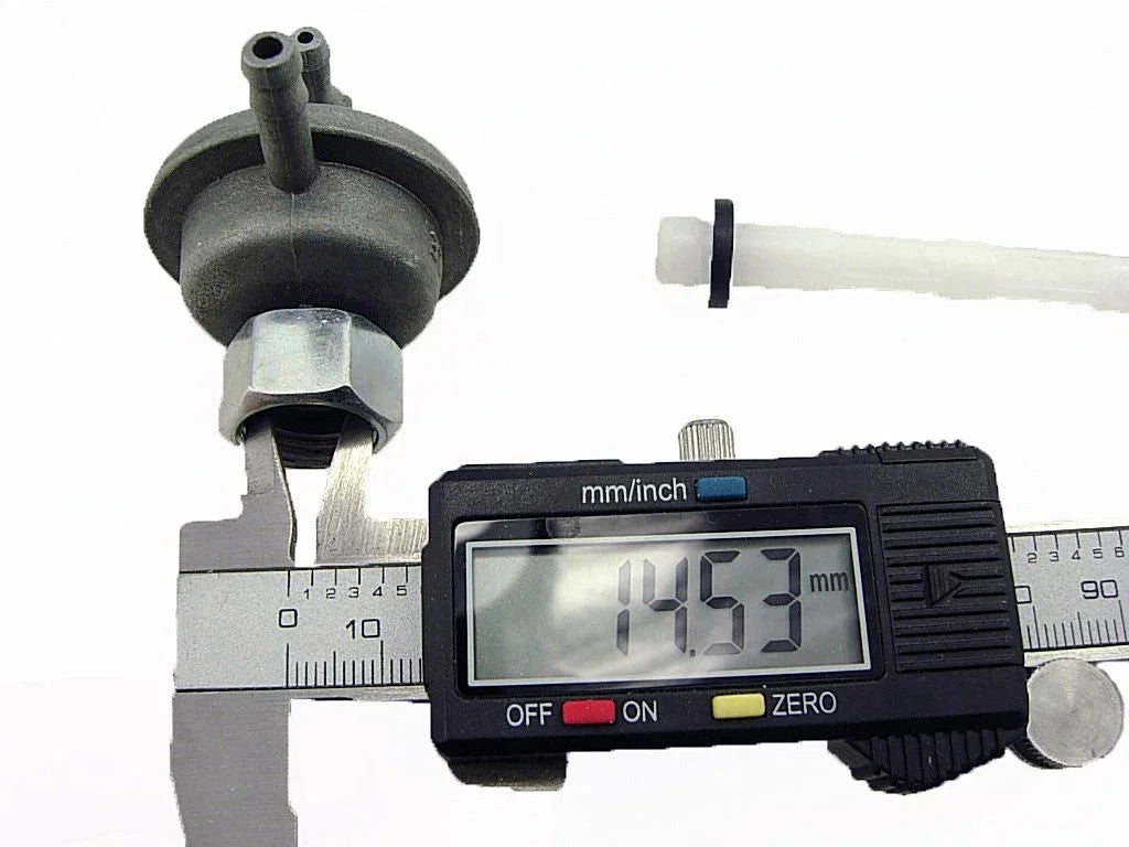 GY6 50cc fuel valve with filter and digital caliper reading 14.53 mm, motorcycle scooter part