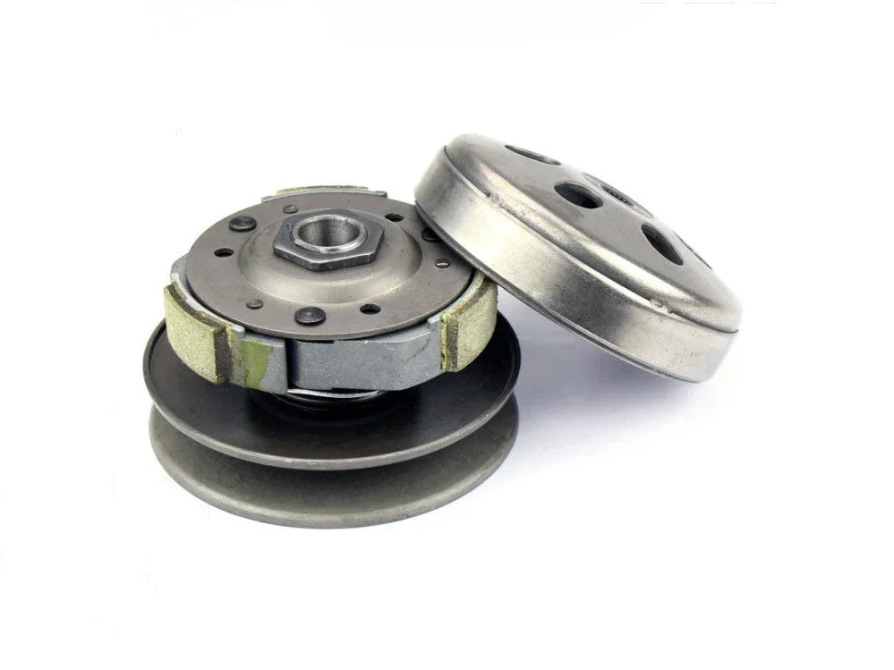 Silver metal scooter or moped centrifugal clutch parts isolated on white background