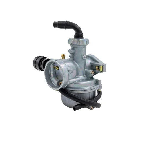 Silver carburetor for motorcycles, scooters, ATVs, and go-karts with black hoses and brass fittings