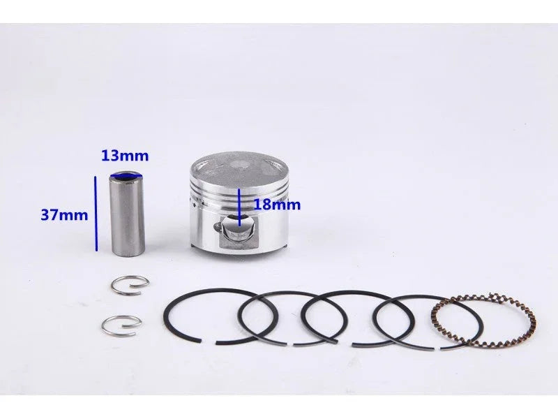 Metal piston kit with piston, wrist pin, circlips, and various piston rings with measurements