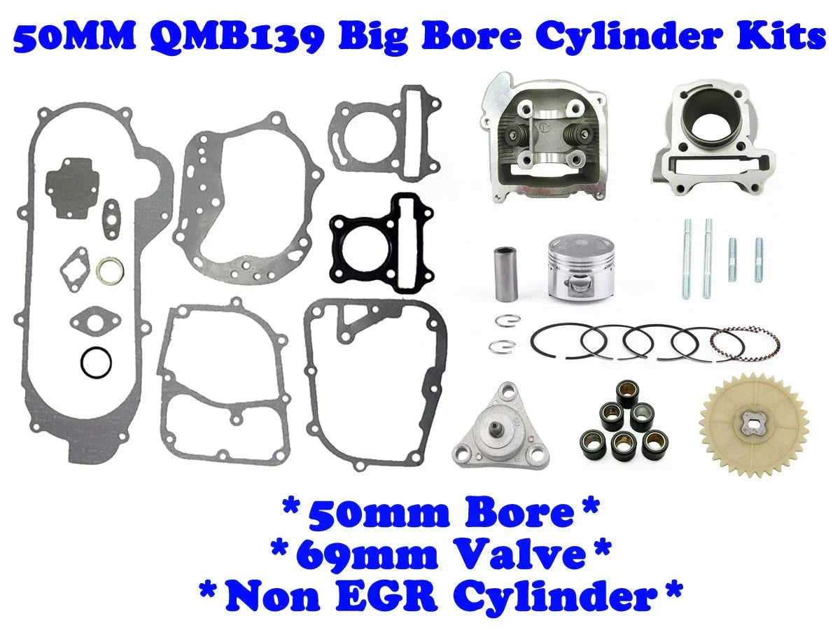 QMB139 50mm Big Bore Cylinder Kit with 69mm valve for ChinesePartsUSA engine parts, non-EGR design, in a detailed technical image.