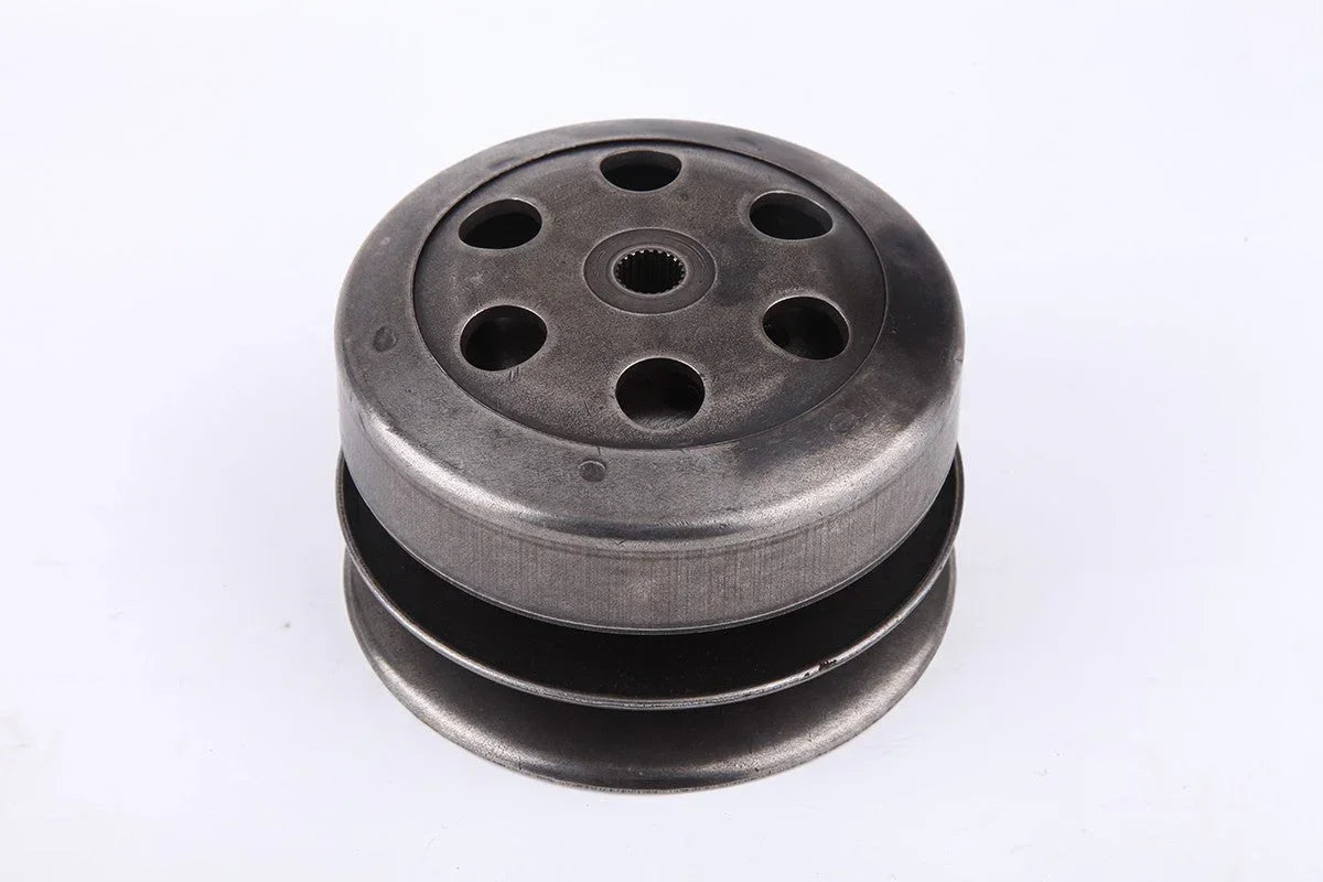 GY6 50cc scooter clutch assembly with bell for QMB139 engines, metallic finish on white background