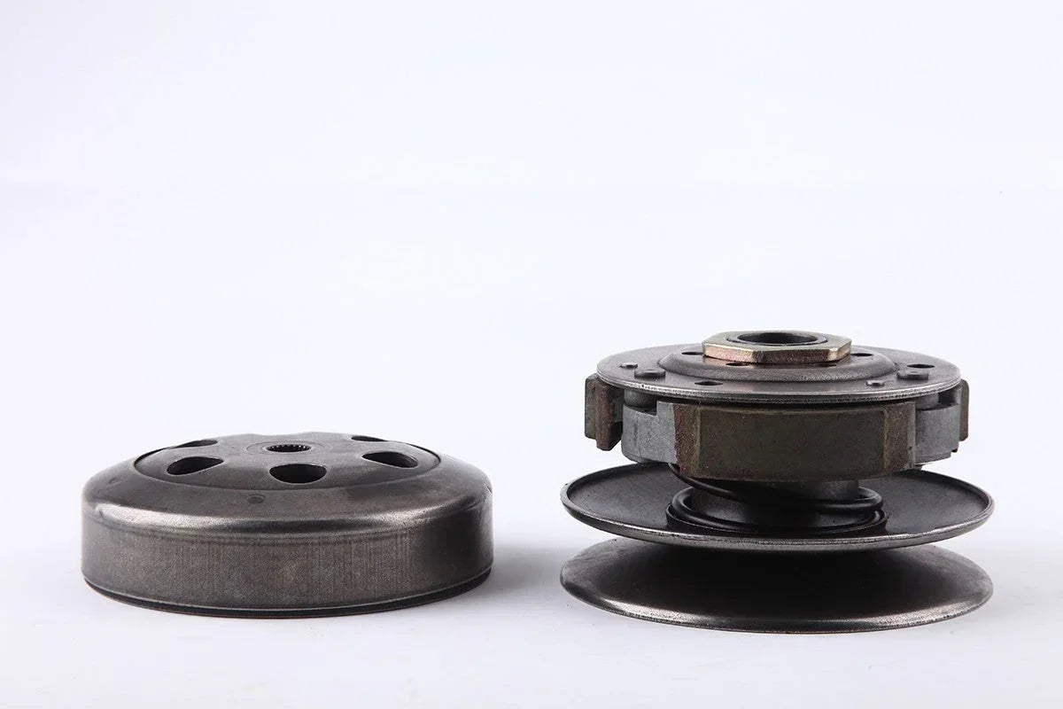GY6 50cc QMB139 scooter clutch assembly with bell, metal components on white background