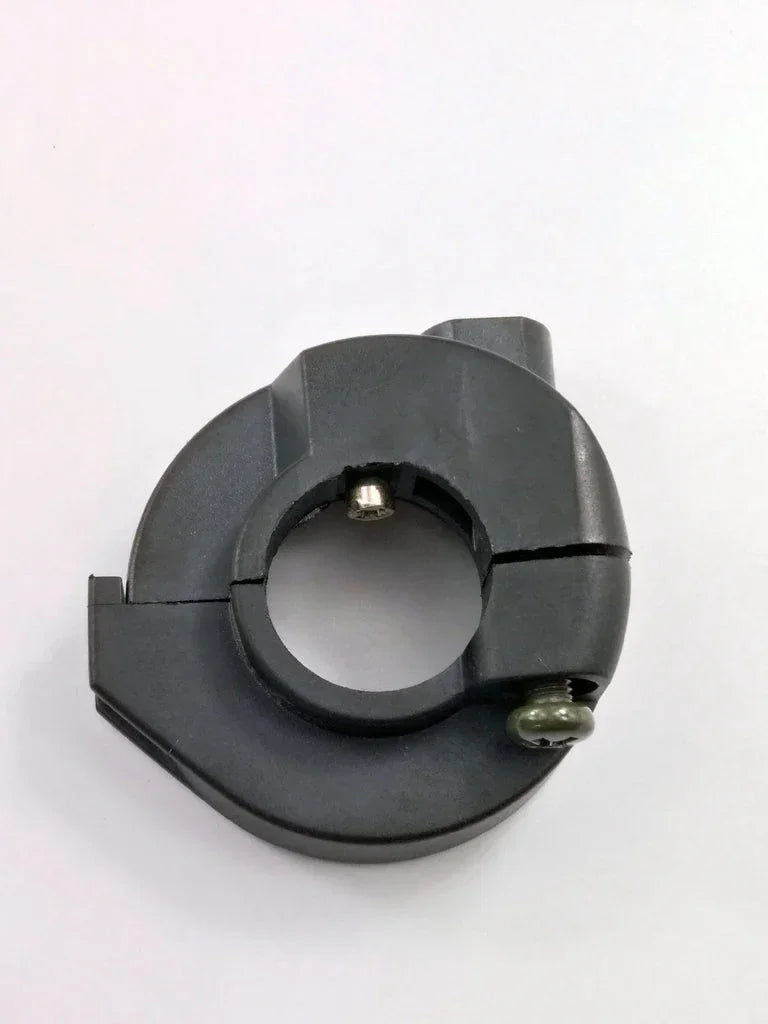 Black plastic clamp with screws for motorcycle or ATV handlebar mounting