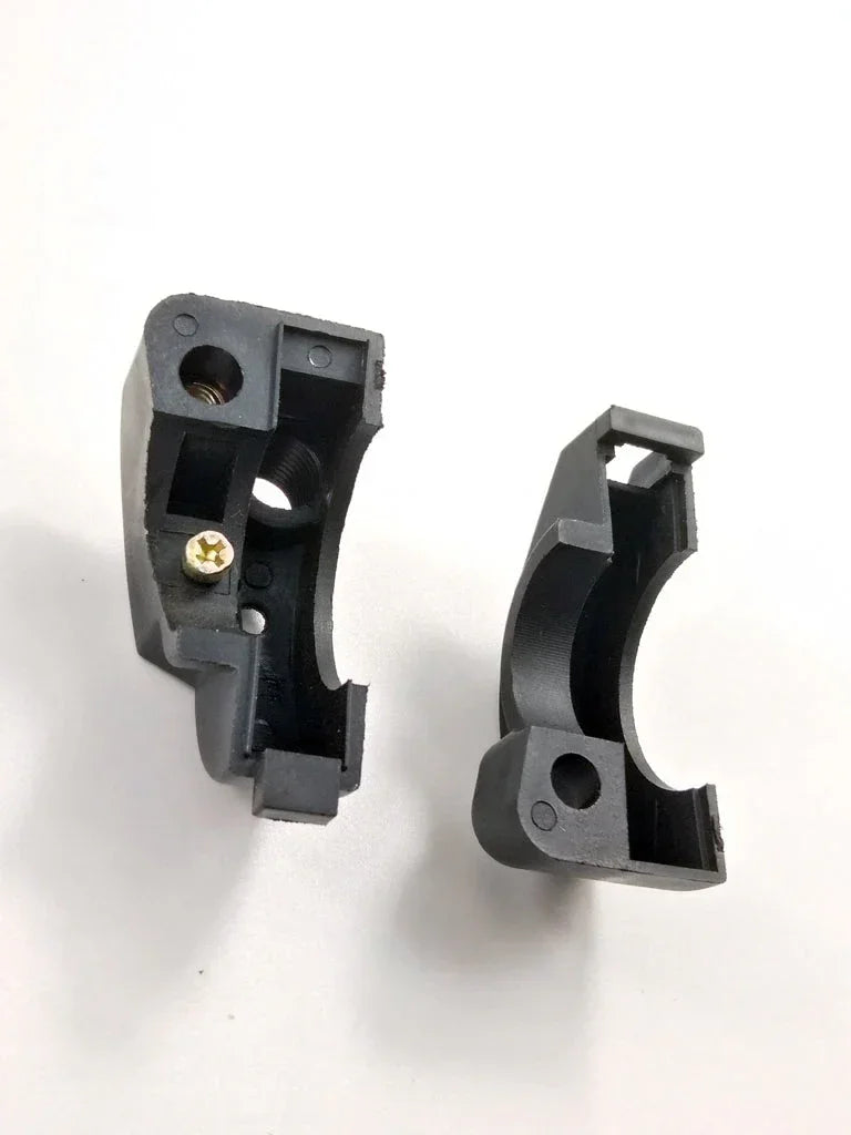 Black plastic motorcycle or ATV handlebar clamp mount with screws, for electric/gas vehicles