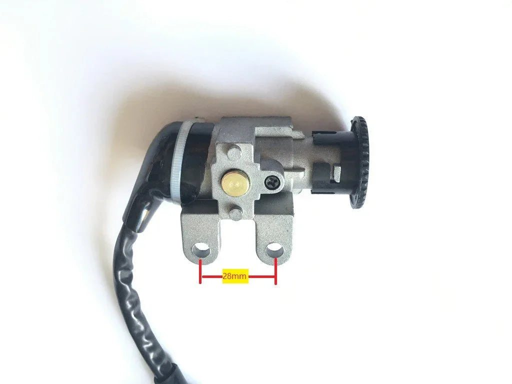 Universal motorcycle ignition switch with wiring, mounting bracket, and 28mm bolt spacing