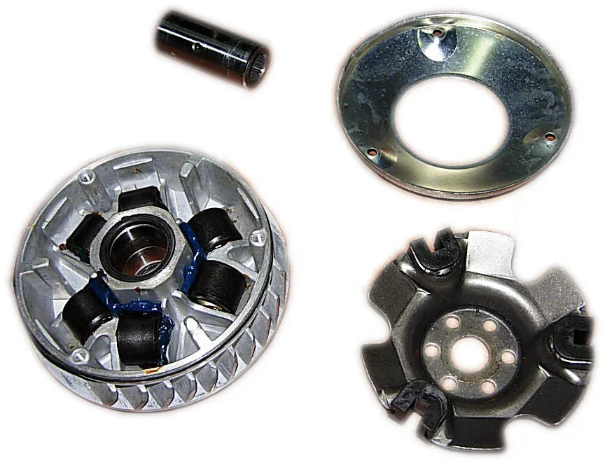 CF250 250cc scooter variator assembly parts, including pulley, roller weights, and metal plate.
