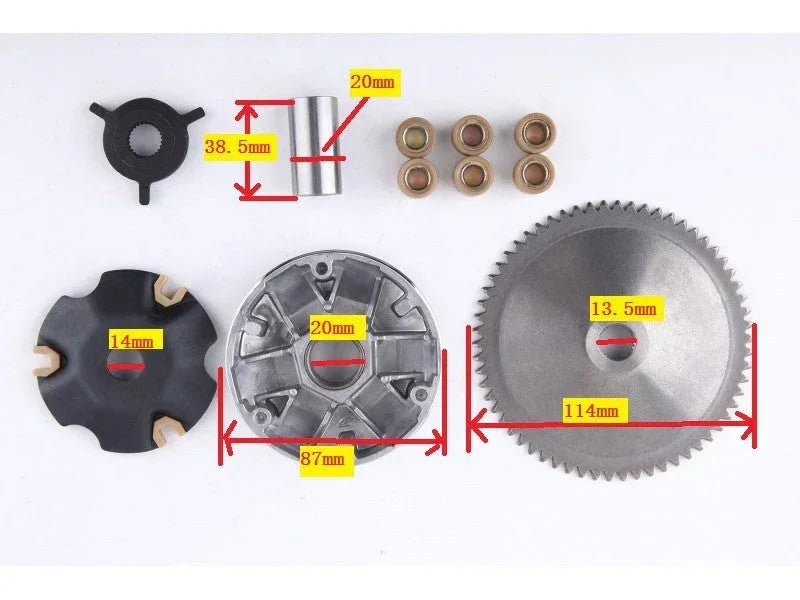 ChinesePartsUSA 139QMB GY6 50CC complete variator kit with 8.5g roller weights for scooter engine performance.