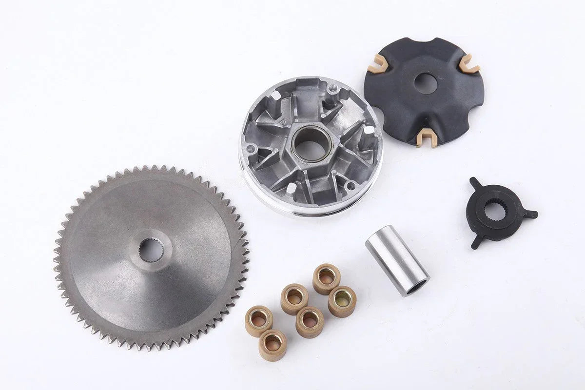 ChinesePartsUSA 139QMB GY6 50CC complete variator kit with 8.5g roller weights for scooter performance and acceleration.