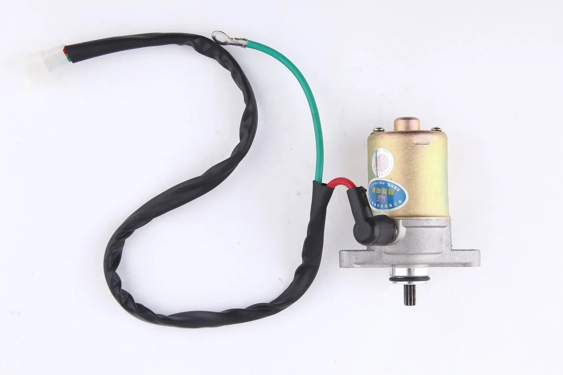 GY6 50cc electric starter motor with 10 teeth splines and wiring harness on white background