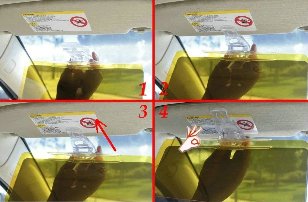 Universal new generation night car anti-glare sun visor by ChinesePartsUSA, shown in use inside a vehicle to reduce glare.