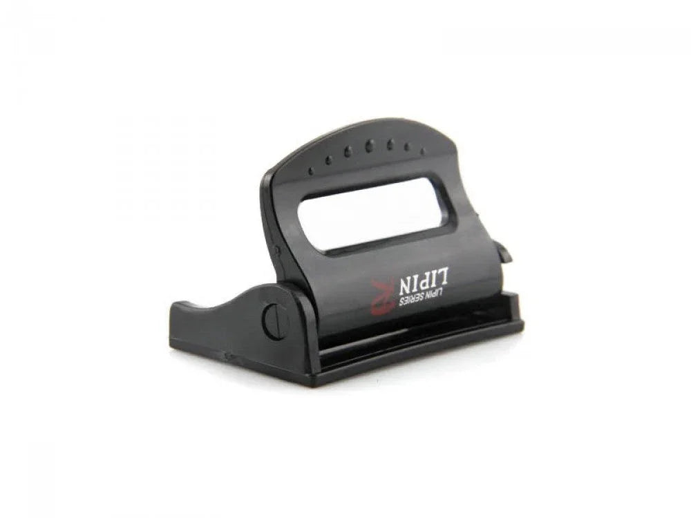 Black plastic safety seat belt strap buckle clip for vehicles on white background