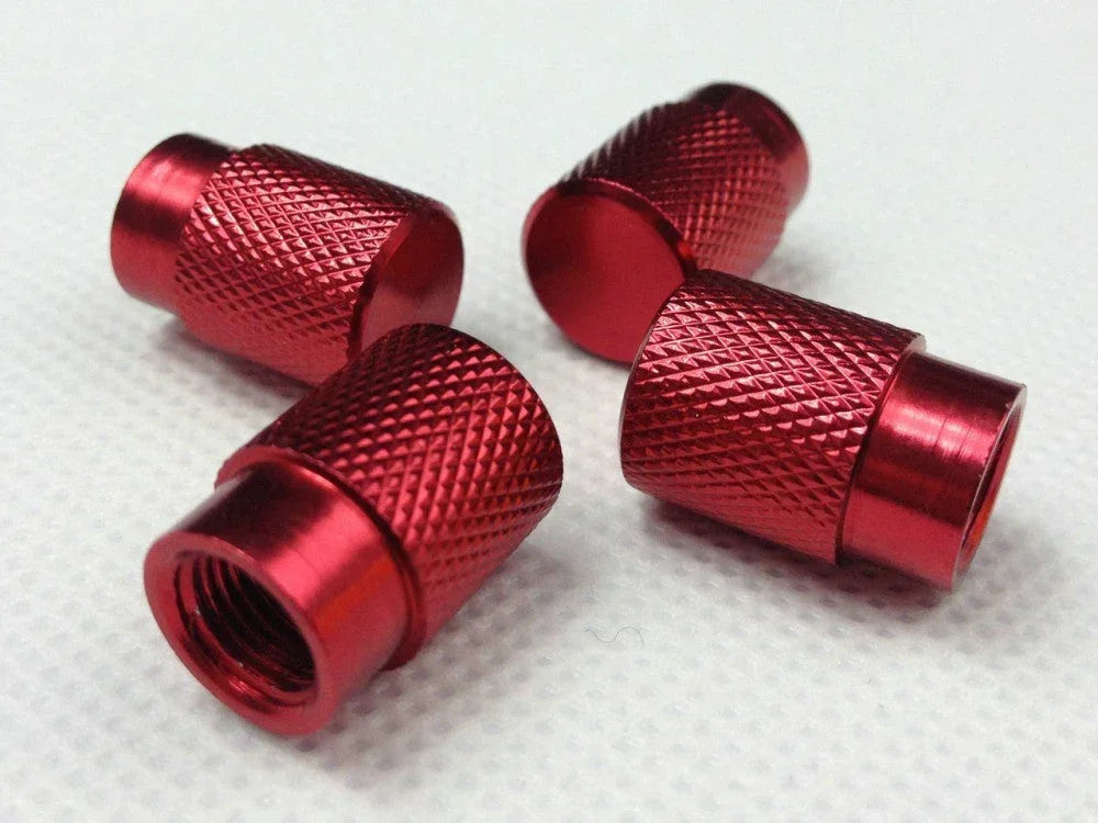 Set of four red tire air valve stem caps for racing sport wheels, universal accessories by ChinesePartsUSA.
