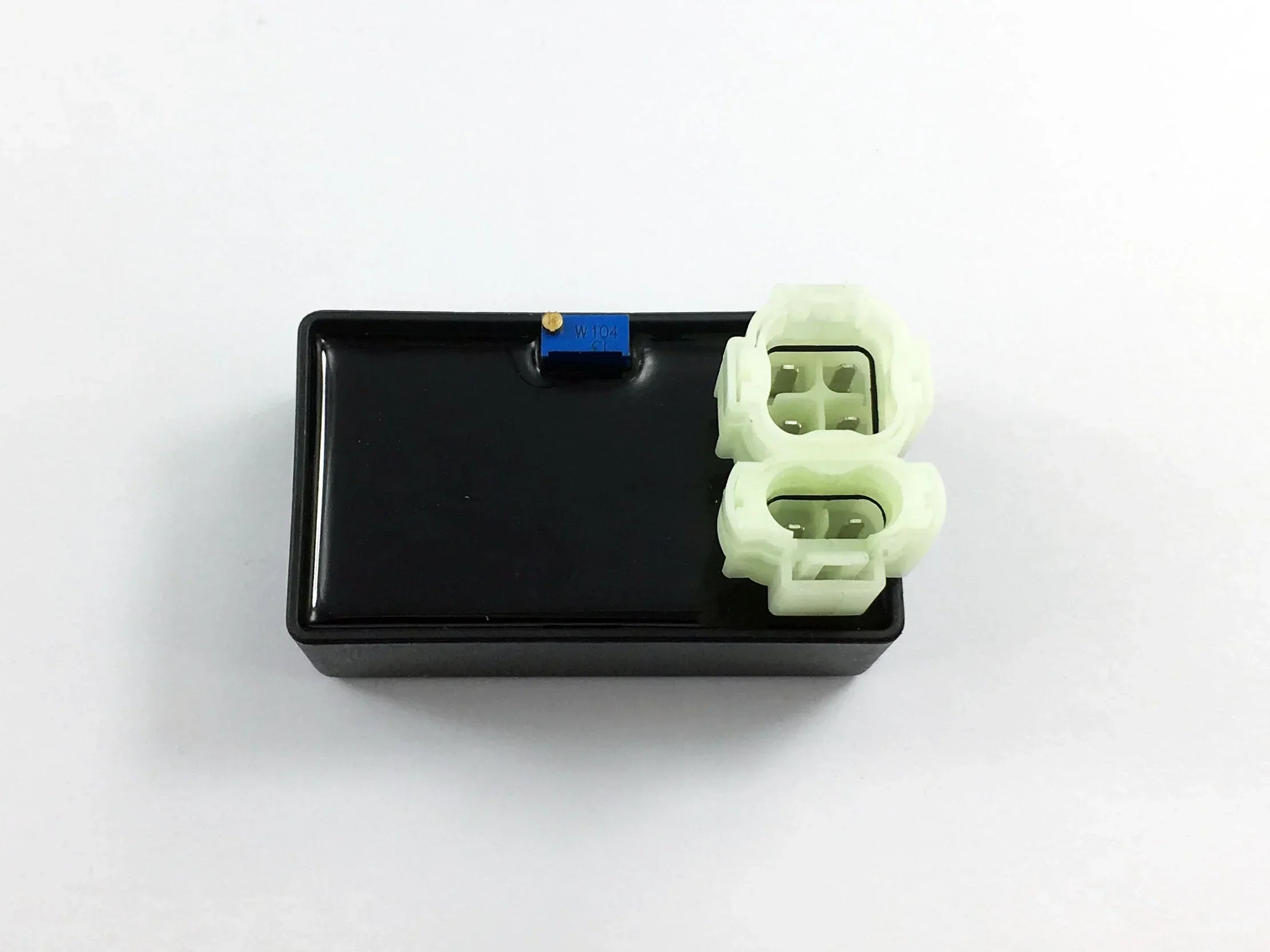 Black vehicle electrical component with white connectors and blue resistor, for motorcycles, ATVs, UTVs