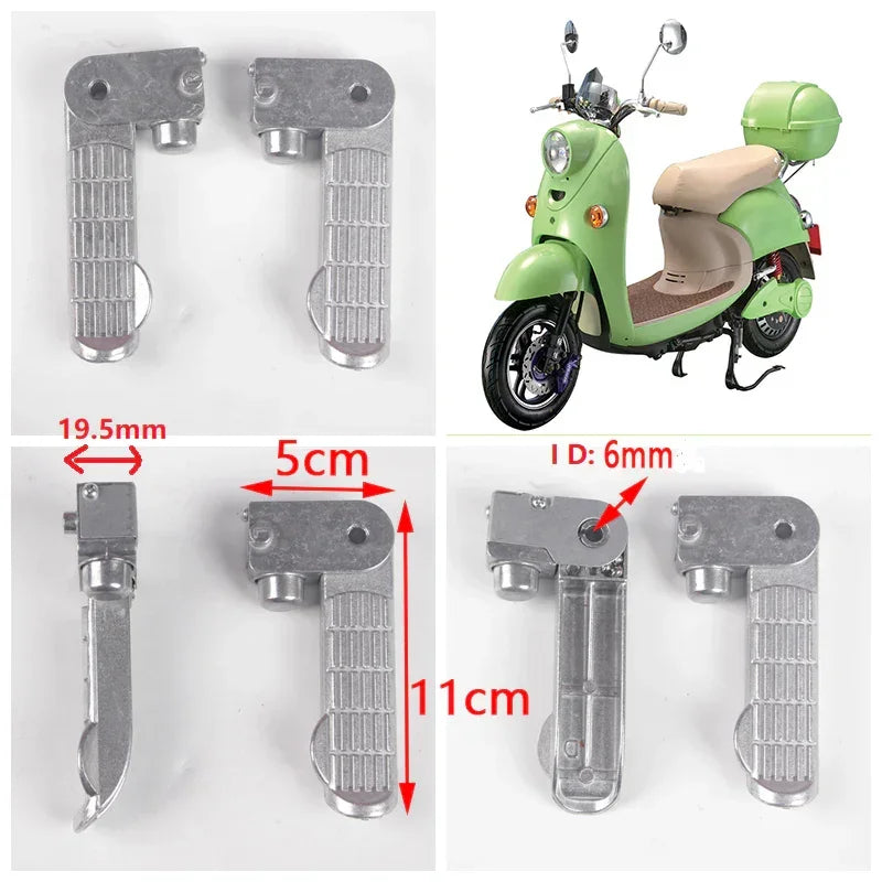 Metal scooter footrests with 19.5mm width, 11cm height, 6mm ID, shown with green electric scooter