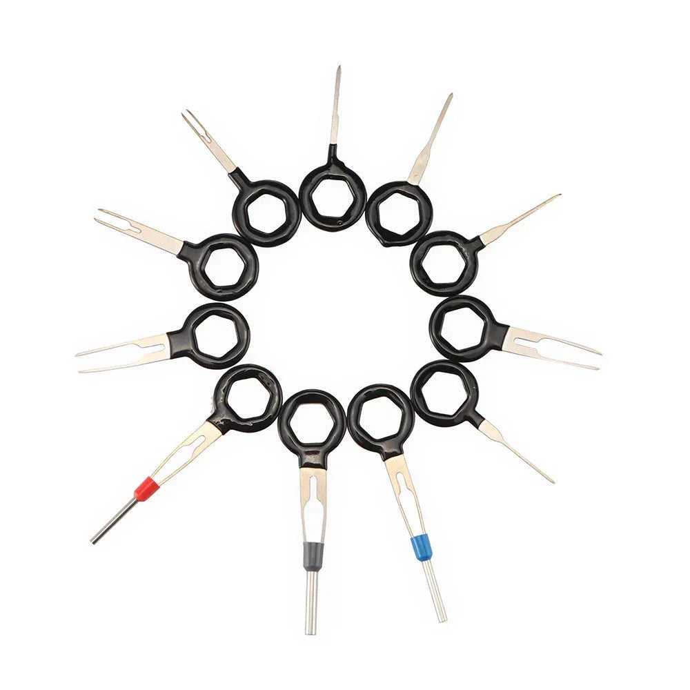 Set of 11 auto car plug circuit board wire harness terminal extractors with pick connectors and crimp pin removal tools for vehicle repairs.
