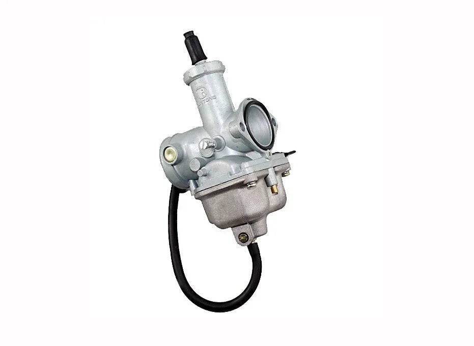 silver motorcycle carburetor with black hose isolated on white background