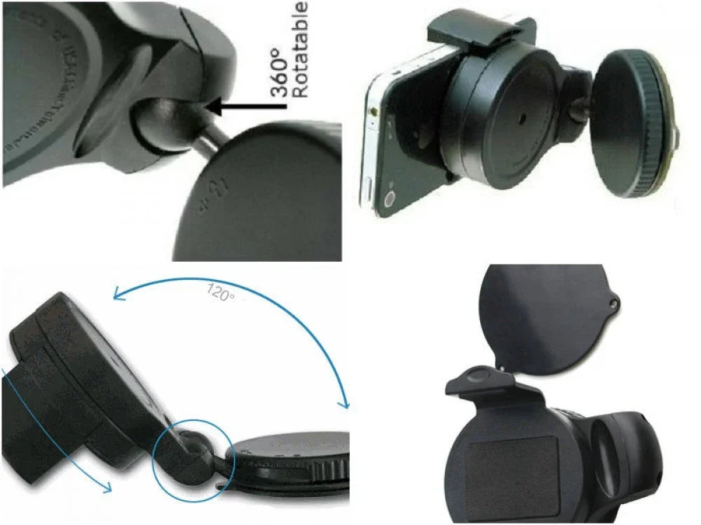Black 360° rotatable smartphone lens mount with adjustable clamp and protective cover