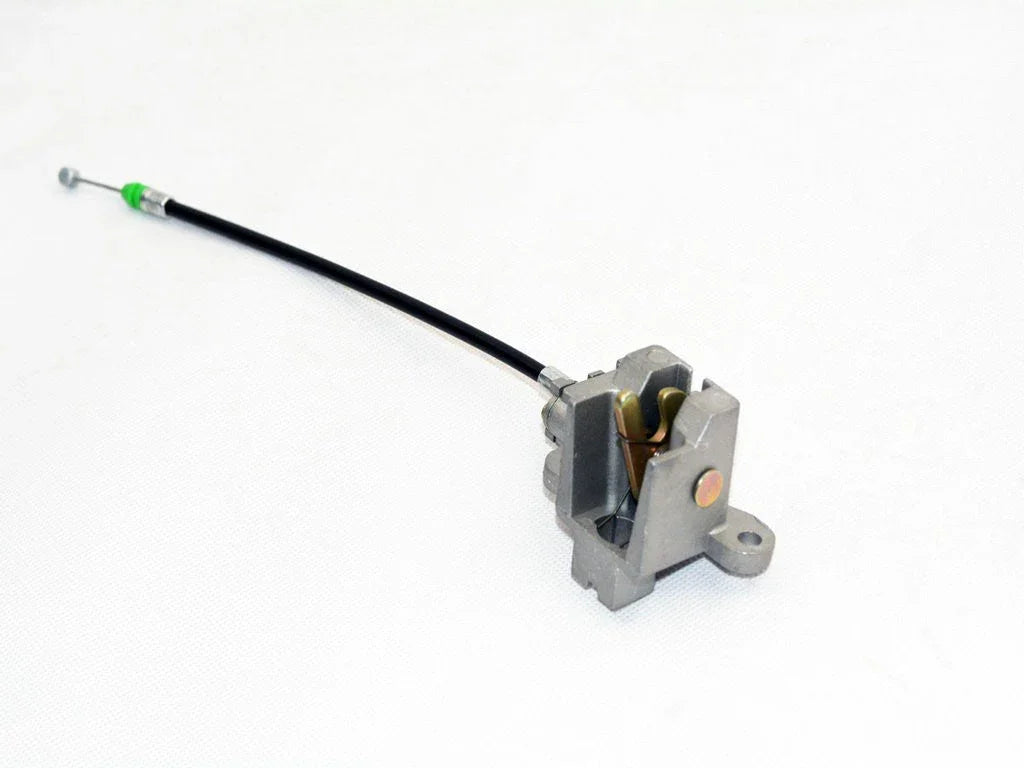 metal mechanical latch with attached black control cable on white background