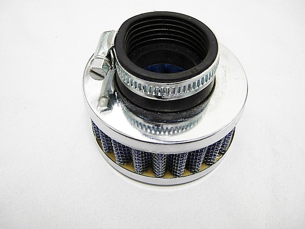 small round metal air filter with blue mesh and adjustable clamp on white background