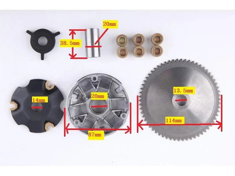 various metal and plastic mechanical parts including 114mm gear, 87mm circular plate, 38.5mm cylinder, with measurements shown