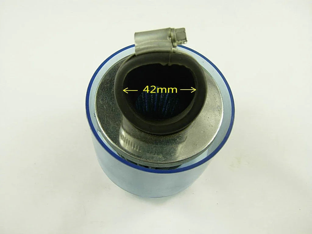 Close-up of blue cylindrical air filter with 42mm rubber inlet and metal clamp