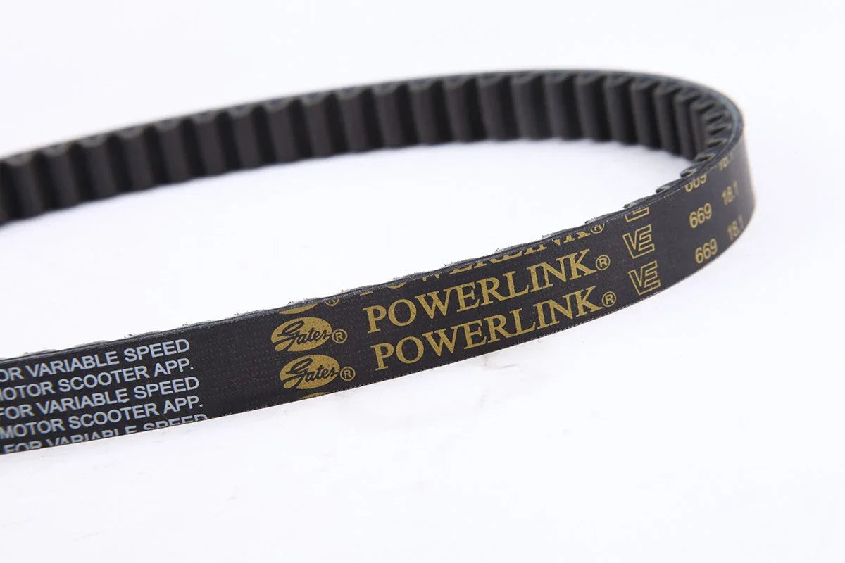 Gates POWERLINK black timing belt for motor scooter featuring tooth design and gold text