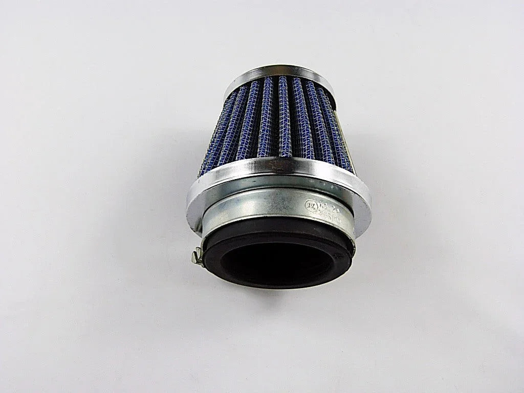 Cone-shaped blue performance air filter with metal and rubber trim on white background