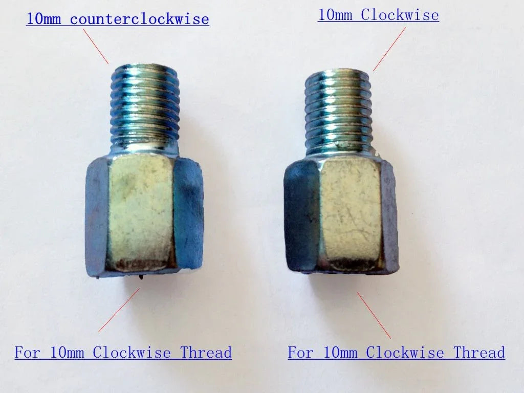 Two metal threaded bolts labeled 10mm clockwise and counterclockwise thread directions on white background