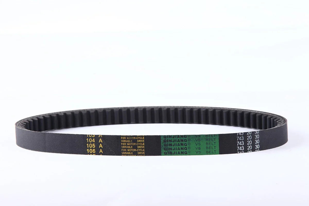 Black motorcycle variable drive belt with yellow and green text on white background