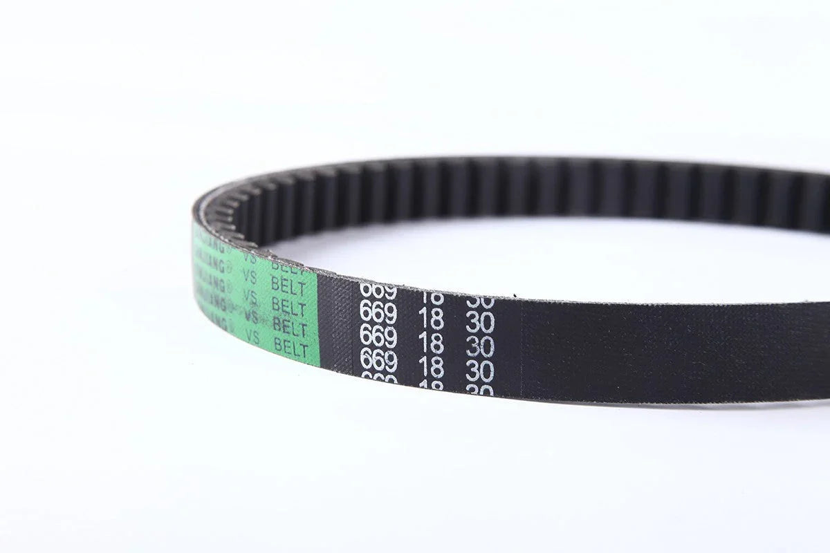 Close-up of a black industrial timing belt with white and green printing on a white background