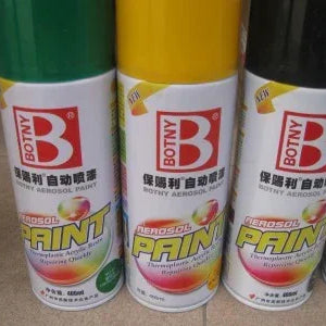 Box of assorted color 300ml spray paint cans from vendor-unknown, showing colorful spray paint cans in a box.