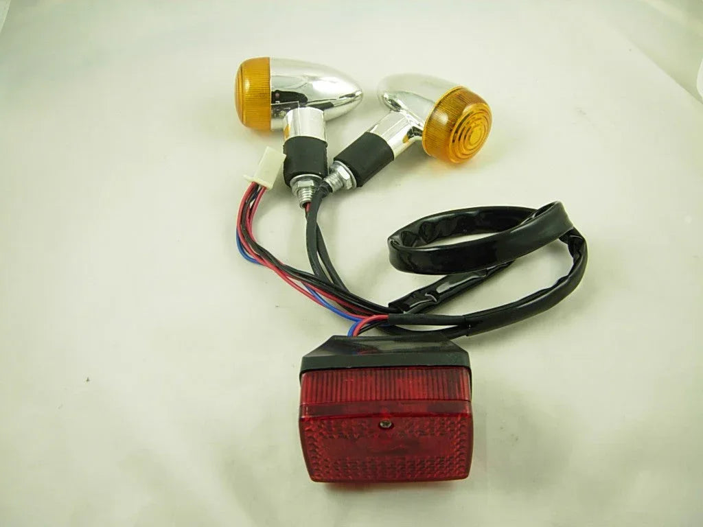 Rear light kit for vehicles showing red and clear lenses, with wiring and mounting components for vehicle lighting enhancement.