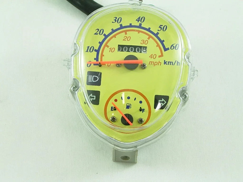 Speedometer assembly with clear dial and gauge, suitable for vehicle dashboard, unbranded vendor-unknown product.