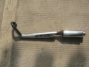 Dirt bike 110/125cc exhaust pipe from vendor-unknown, motorcycle parts for off-road bikes, metal exhaust with mounting brackets.