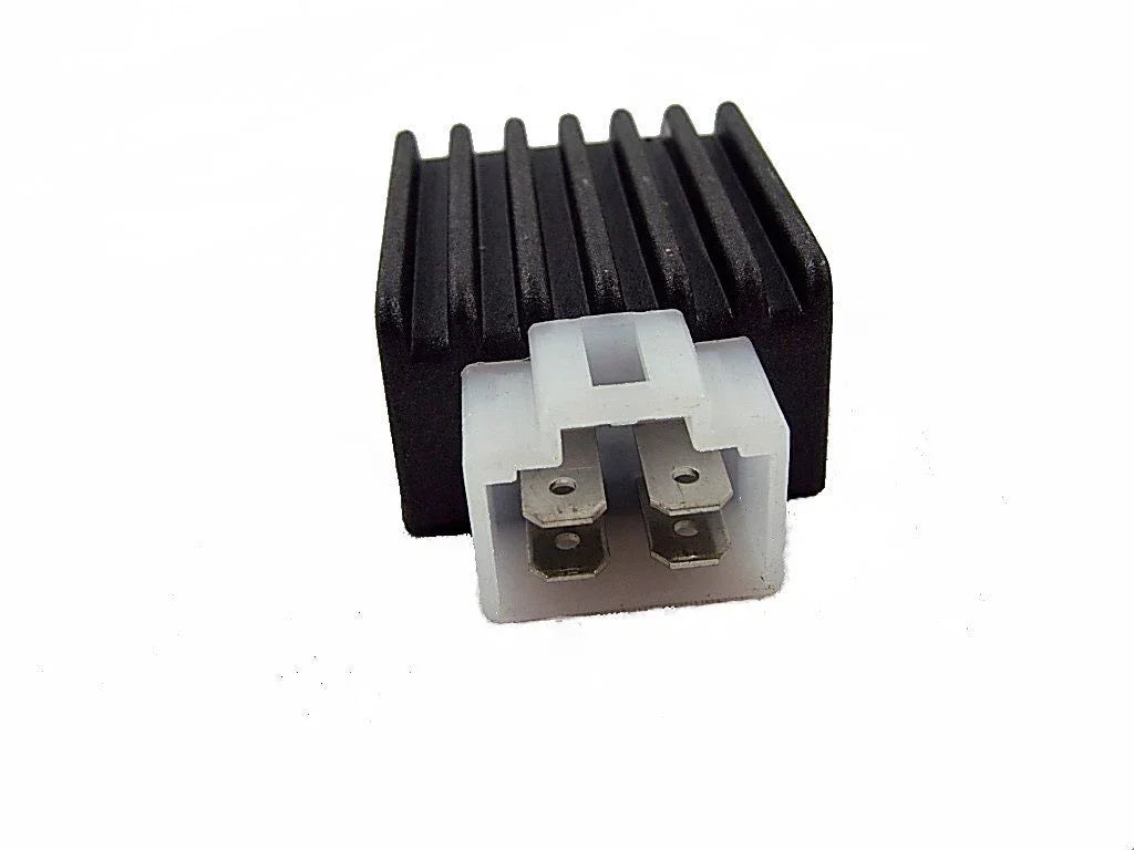 12V rectifier regulator for 50cc, 110cc, 125cc dirt bikes, shown as a black electrical component with wiring connectors.