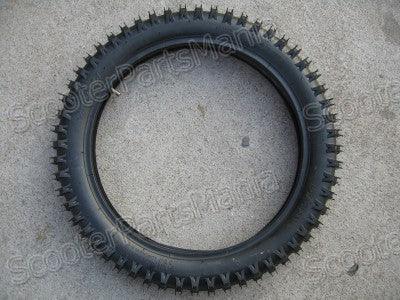 14-inch front dirt bike tire with tube, size 2.50-14, showing tread pattern and sidewall details for off-road riding.
