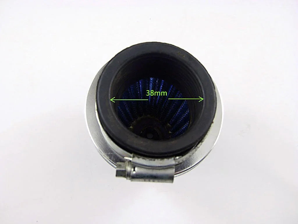 38mm dirt bike air filter for off-road motorcycles, showing the cylindrical filter element and rubber mounting base.
