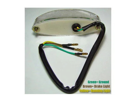Clear motorcycle brake and running light with green ground, brown brake light, and yellow running light wires