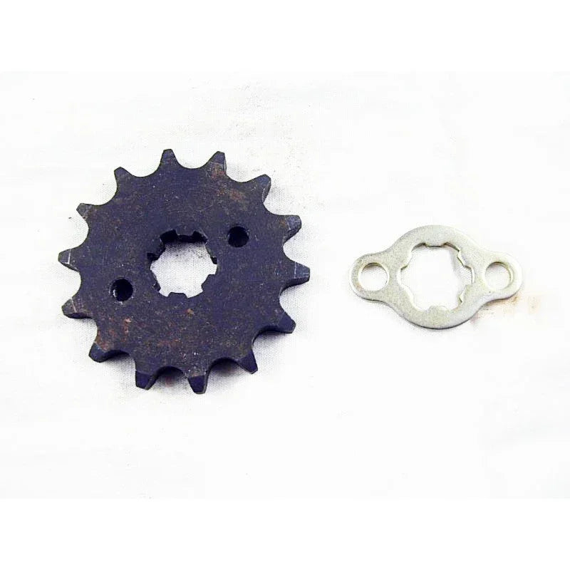 420 14-tooth engine sprocket for 50cc to 125cc dirt bikes, compatible with various engine sizes, in black metal finish