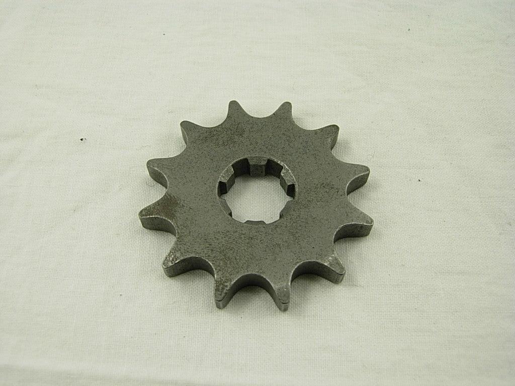 Dirt bike engine sprocket with 12 teeth, compatible with 50cc to 125cc engines, shown in black metal finish.