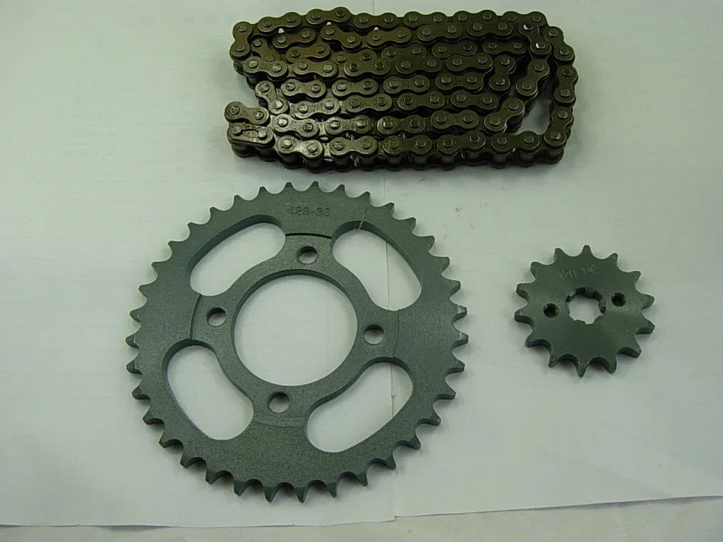 Dirt bike 428H sprocket chain with front and rear wheels for bike maintenance and replacement.