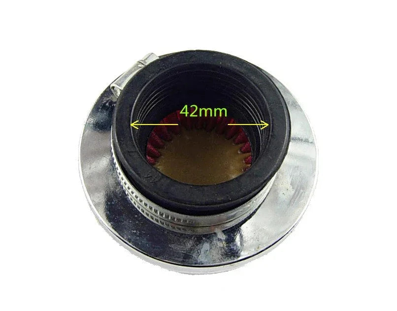 42mm dirt bike air filter, replacement part for off-road motorcycles, shown in close-up with filter mesh visible.