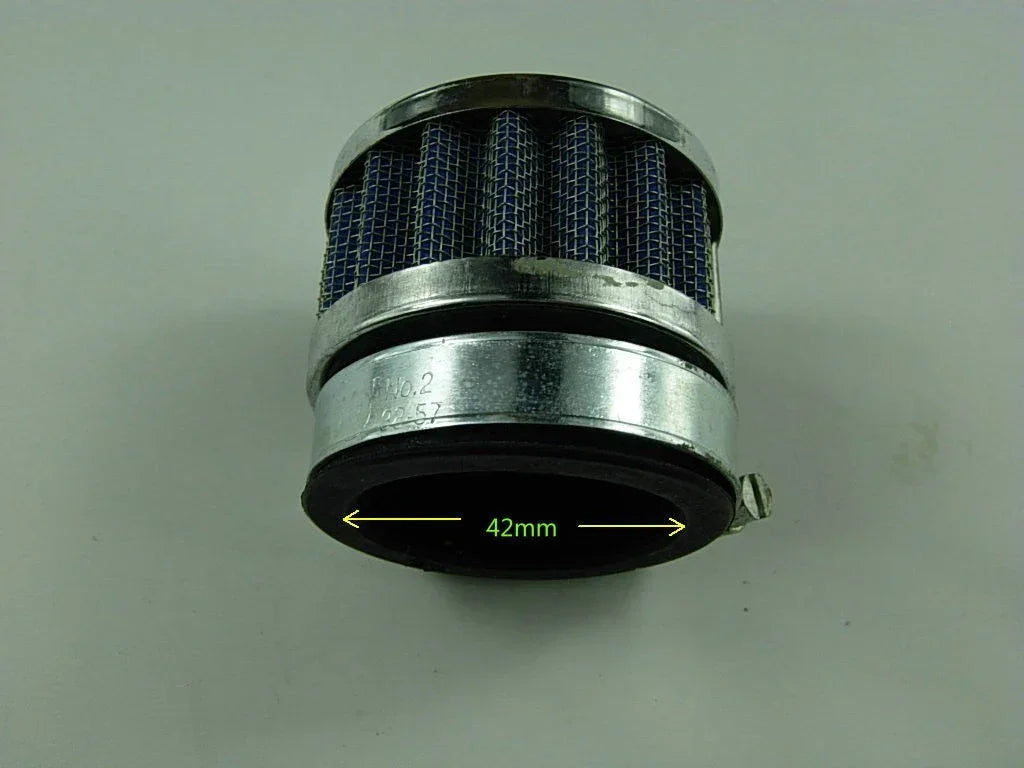 42mm dirt bike air filter for off-road motorcycles, cylindrical shape, high airflow filtration, vendor-unknown brand.