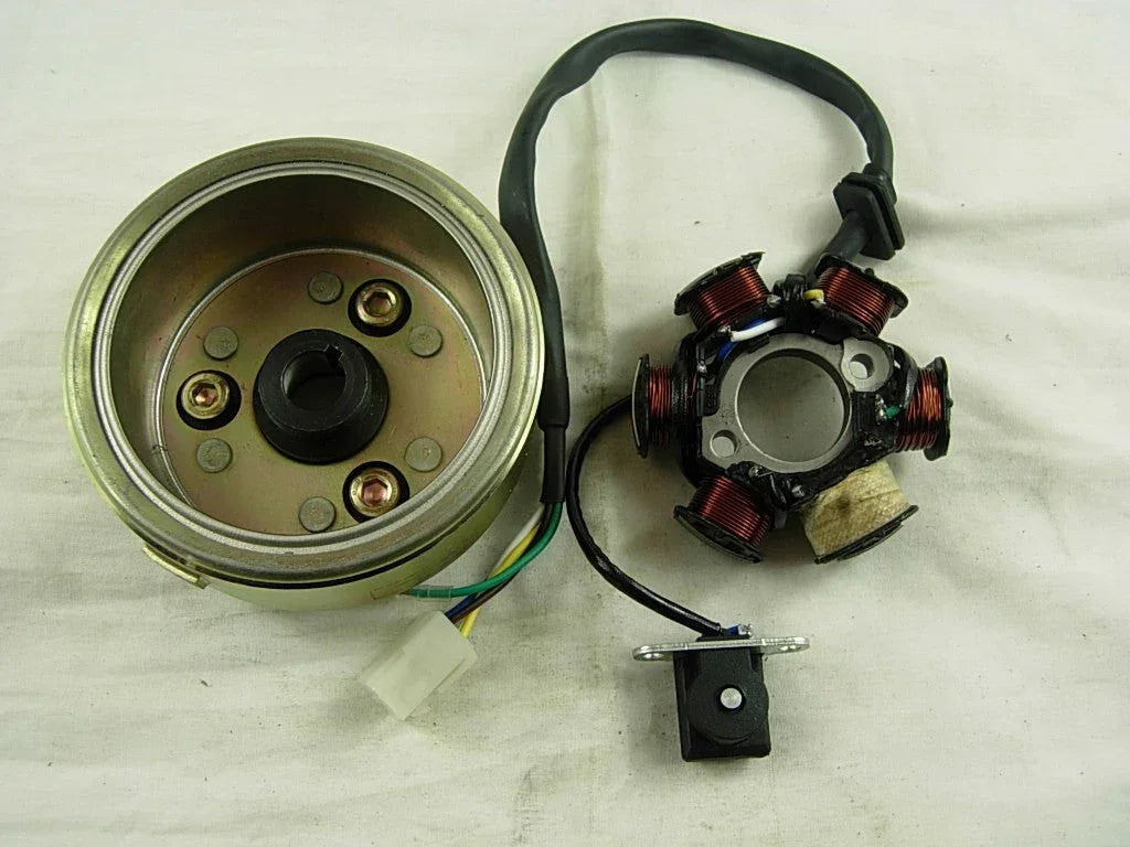 Six magneto stator and rotor set for 50cc, 110cc, and 125cc dirt bikes, compatible with various motorcycle models.