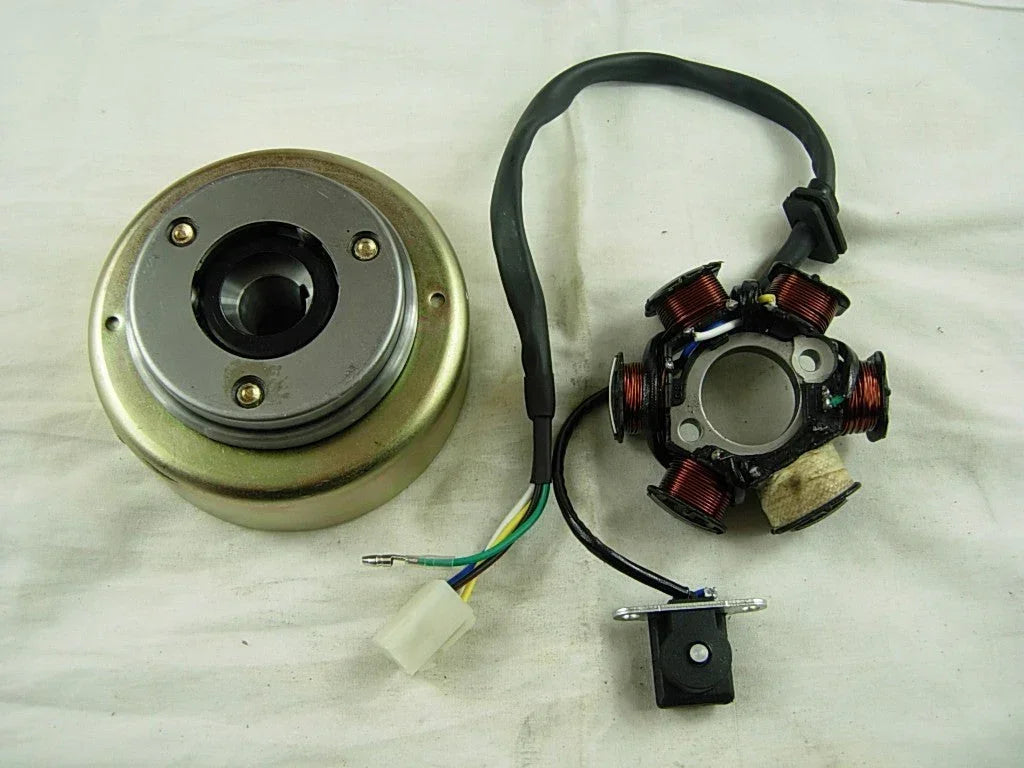 Six magneto stator and rotor set for 50cc, 110cc, and 125cc dirt bikes, compatible with various small motorcycle models.